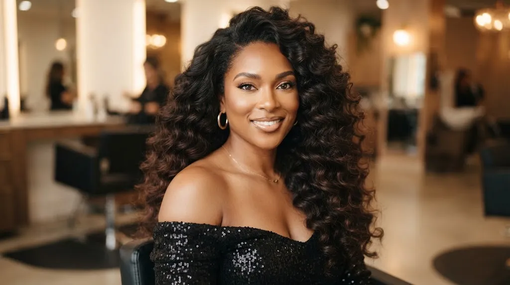 Stunning woman showcasing voluminous glam curls and high-impact formal red-carpet hairstyle.