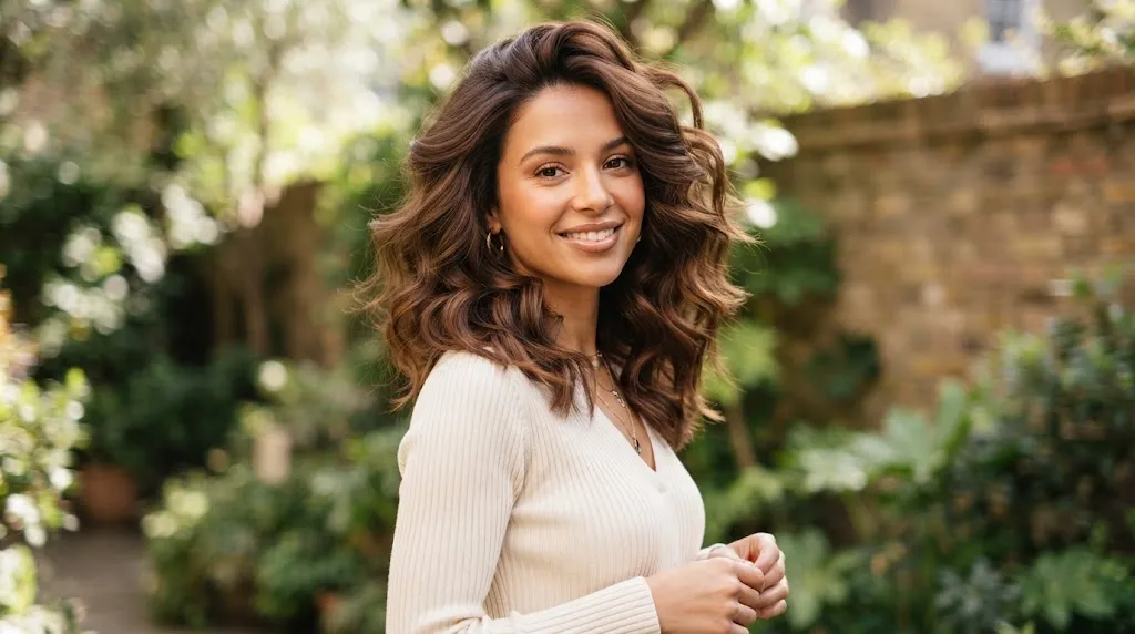 Brunette hairstyle featuring bouncy, shoulder-length voluminous layered waves that add width around the ears and cheeks to balance a long face shape