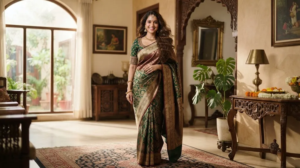 Elegant woman wearing a classic traditional saree with soft voluminous open waves cascading over her shoulder