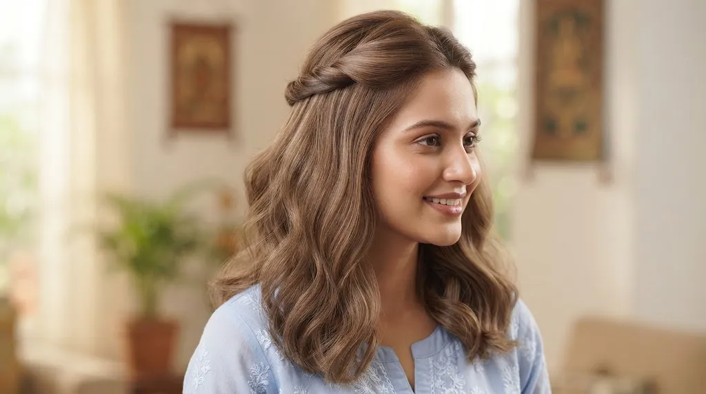 A young Indian woman with light brown, fine hair styled in a voluminous side-twist half-updo, wearing a light blue embroidered kurta.
