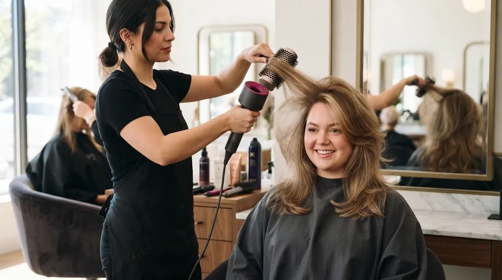 Professional salon hairstylist creating crown volume with a round brush for a woman with a round face and fine hair