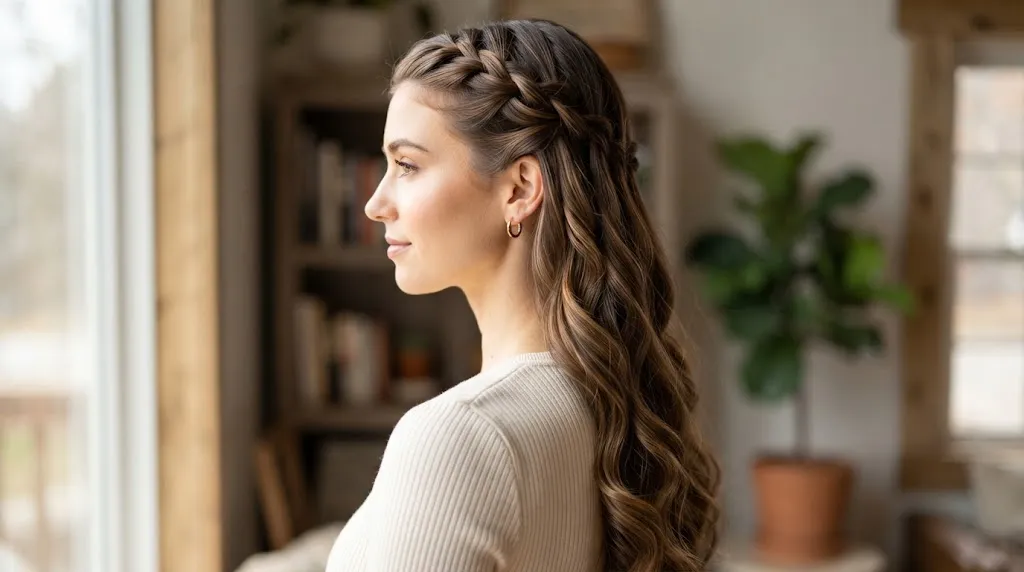 Side-profile view of a woman with long brunette hair showing a waterfall twist braid cascading into soft loose waves over the shoulder