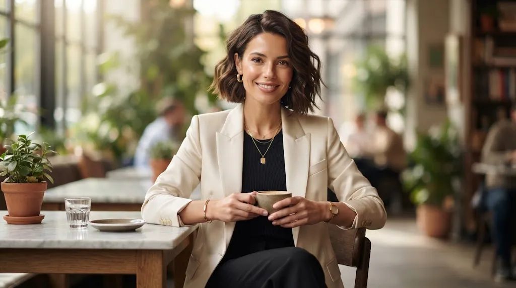 A stylish woman showcasing a trendy wavy box bob haircut with soft texture and natural movement.