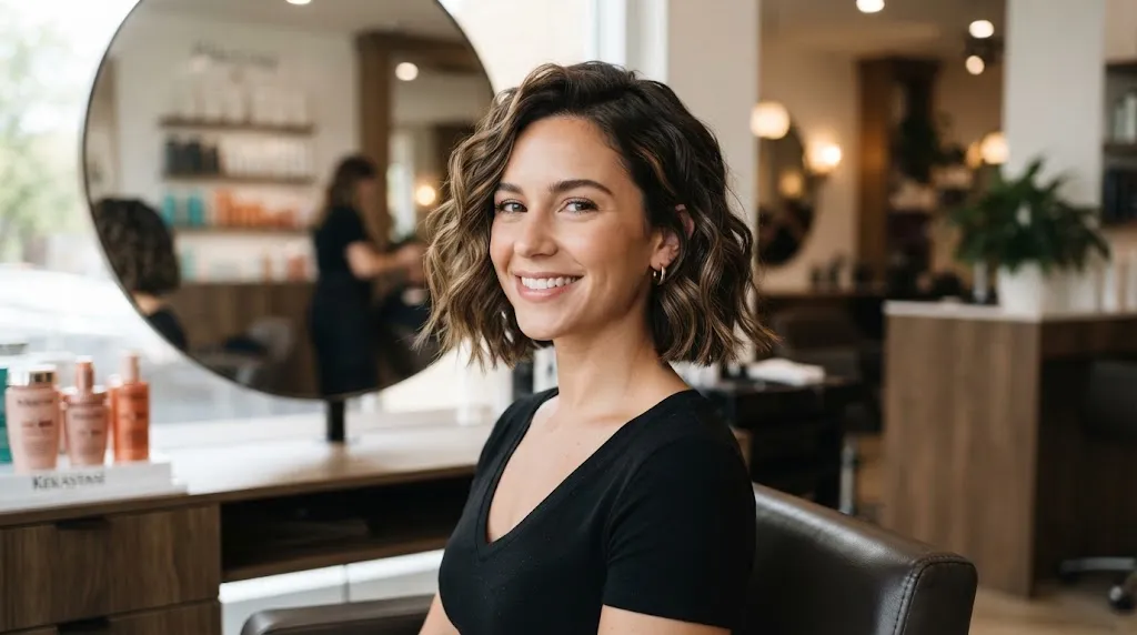 A woman with beautiful wavy hair showcasing a stylish wavy box bob haircut with a structured perimeter