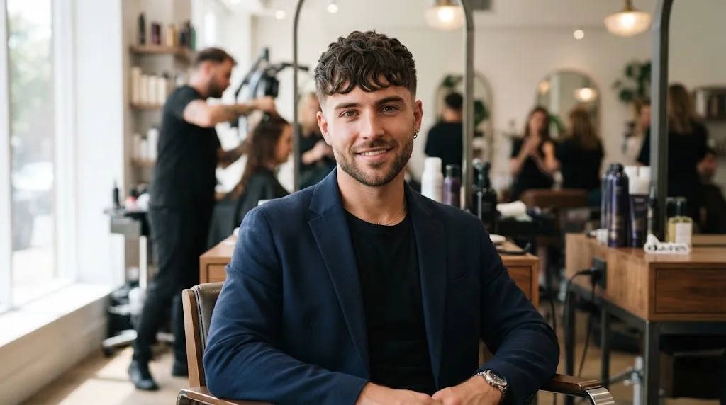 Modern men's wavy fringe and textured crop haircut with natural movement and a clean fade