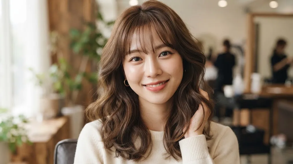Close-up portrait of a young woman with wavy hair and soft Korean see-through bangs framing her face