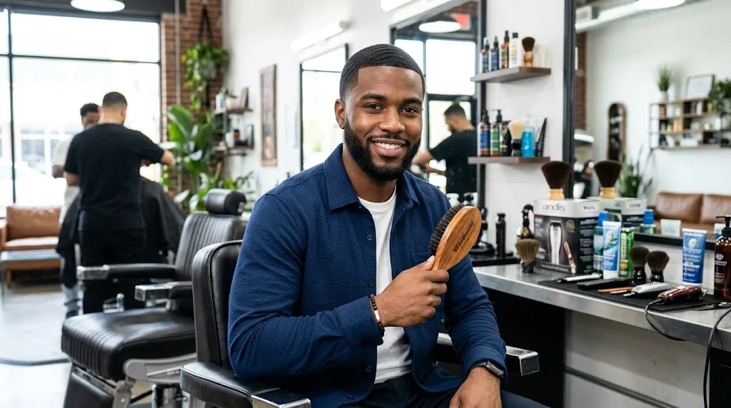 A Black man showing a well-defined 360 wave hairstyle while using a wave brush for coily-to-wavy hair grooming.