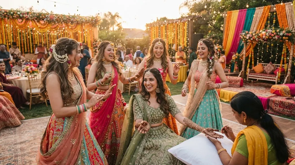 Vibrant Indian wedding celebration featuring traditional Mehendi and Sangeet function hairstyles adorned with florals and soft waves.