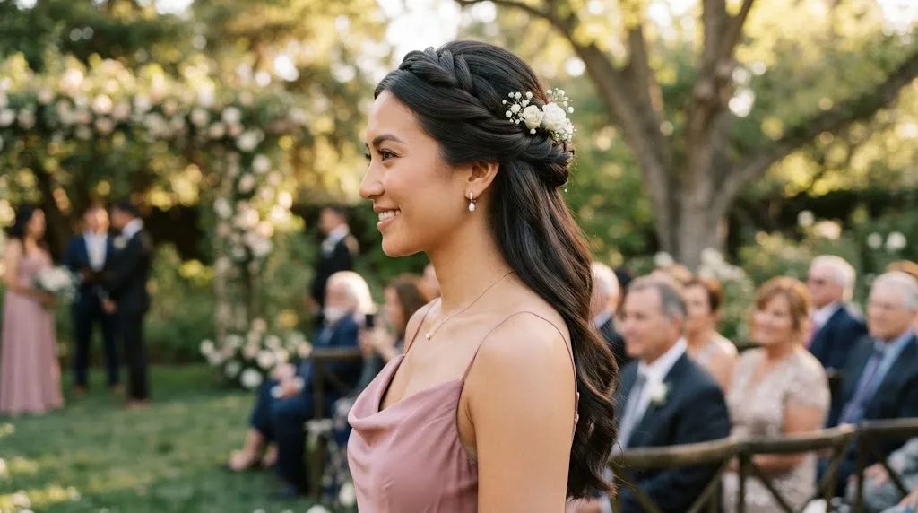 Elegant half-up twisted hairstyle with cascading soft waves worn by a wedding guest at an outdoor garden ceremony.