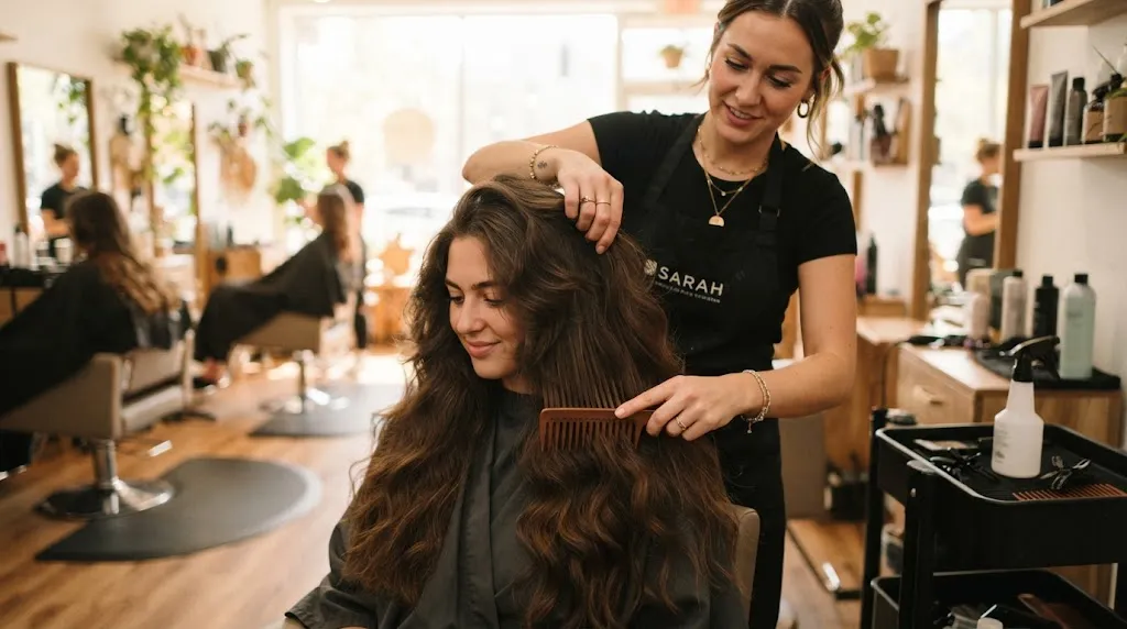 A professional stylist gently detangling long thick hair in a salon to prevent mechanical damage and breakage.