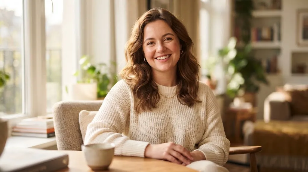 A professional portrait of a woman showing soft facial contours and rounded cheeks to illustrate what defines a chubby face profile.