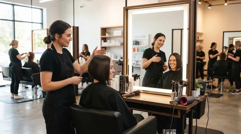 Professional hair stylist consulting a client in a modern salon to explain haircuts and styling choices to avoid
