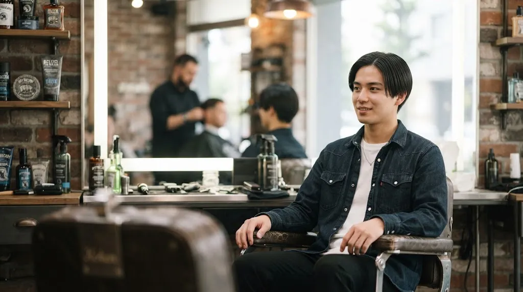 Young man with sleek, smooth straight hair sitting in a barbershop chair showcasing natural texture