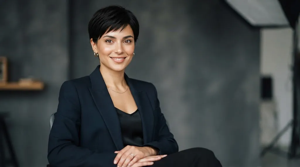 Professional portrait showcasing a clean, structured box cut hairstyle with a sharp, geometric silhouette