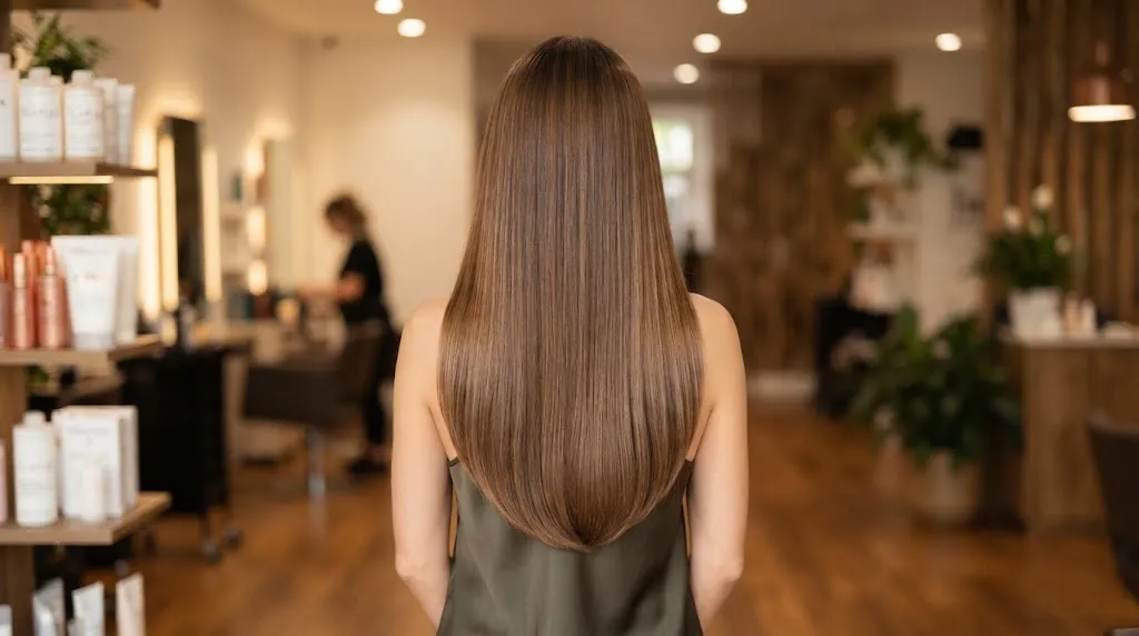 Back view of a woman with long, healthy hair styled in a classic U-cut showing the soft, curved horseshoe-shaped hemline.