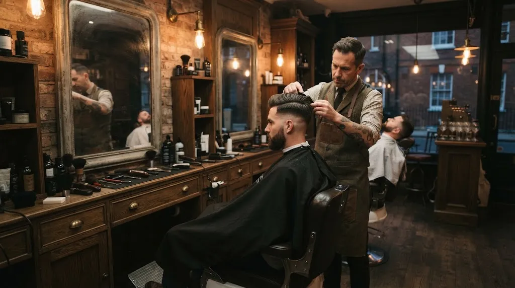 A stylish man receiving a classic tailored English haircut in a professional London barbershop showcasing clean structural lines