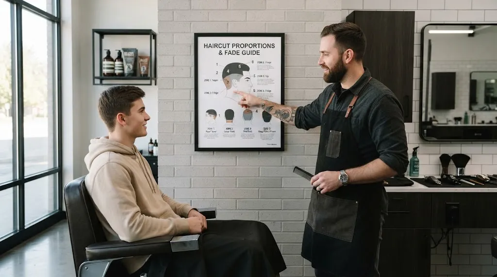 Professional barber explaining men's haircut proportions and fade guard sizes in a modern barbershop