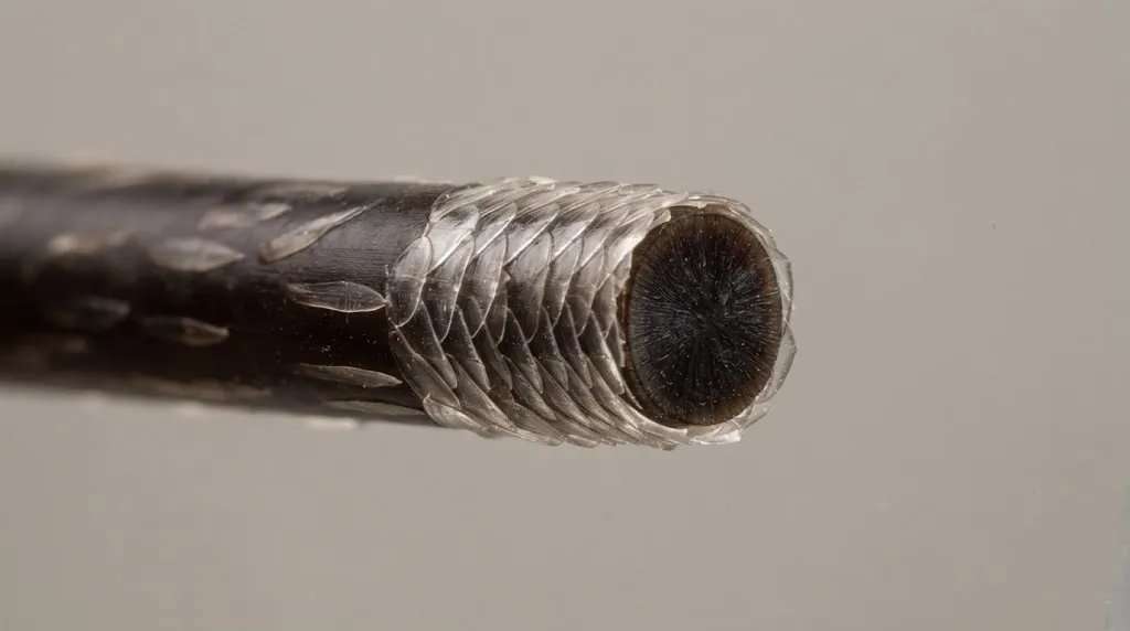 Macro photograph of a thick Asian hair strand and cylindrical follicle structure demonstrating natural straight growth and coarse texture.