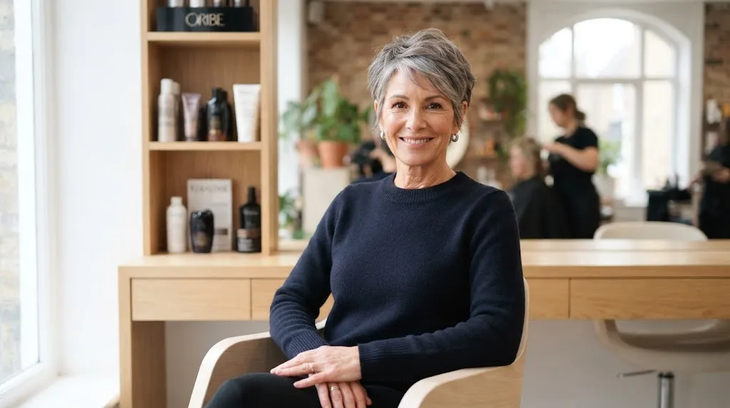 A person with a modern, fresh, and youthful hairstyle in a bright, natural-light salon setting showing vibrant volume and texture.