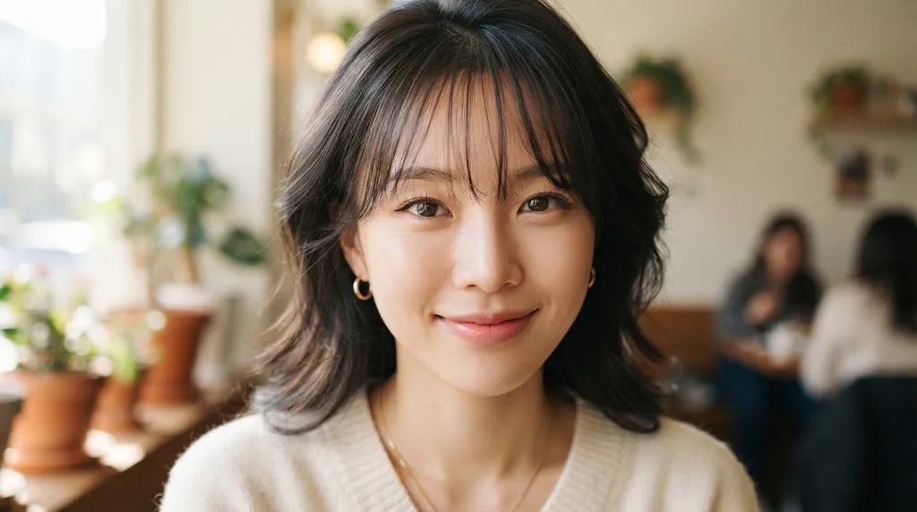 Close-up front view of airy, see-through Korean bangs on a model showing delicate strand separation and slight forehead visibility.