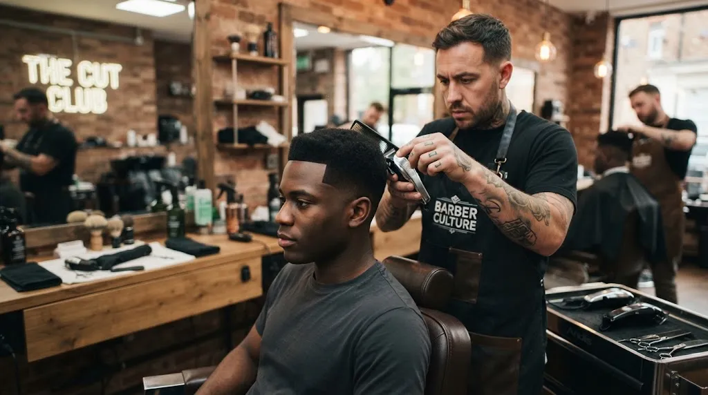 Professional barber styling a sharp and structured men's box cut haircut in a modern barbershop