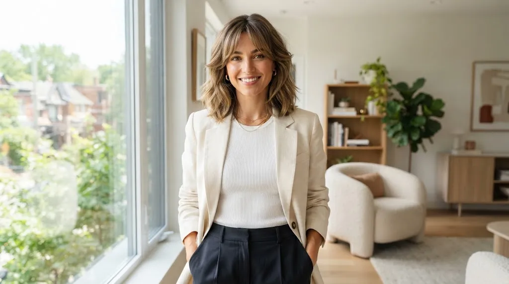 Woman with a flattering hairstyle featuring soft curtain bangs that balance facial proportions for a wide forehead