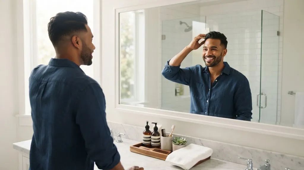 A man checking his newly styled wavy hair in the bathroom mirror during his first week of trying hair texturizing methods