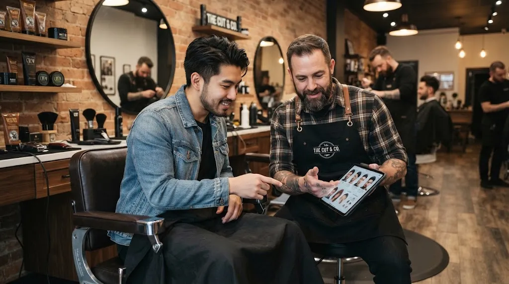 Asian man having a consultation with his professional barber in a modern shop while growing out his hair style.