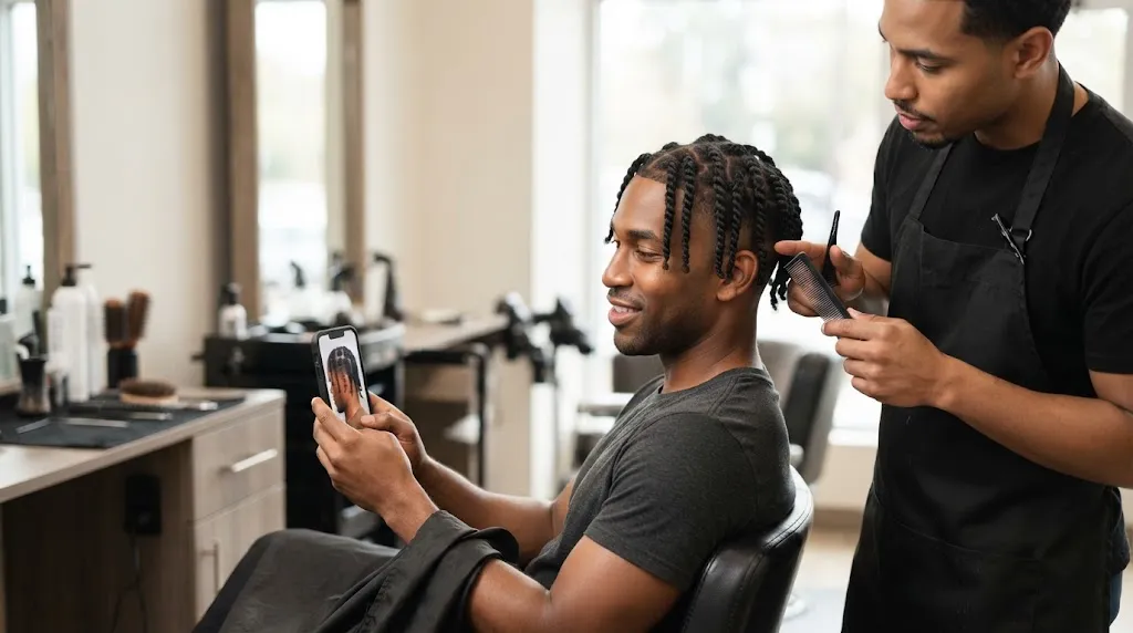 A Black man sitting in a salon chair showing his barber a reference photo on his phone for a male twist hairstyle with a skin fade.