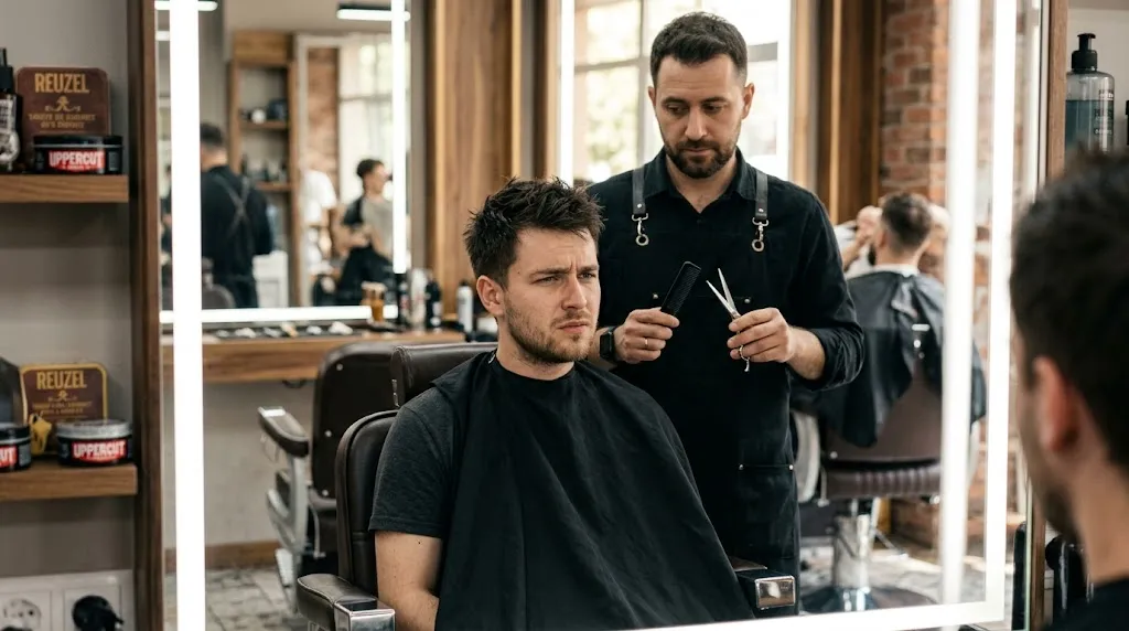 Client looking confused in a barbershop mirror while barber holds scissors after a haircut misunderstanding