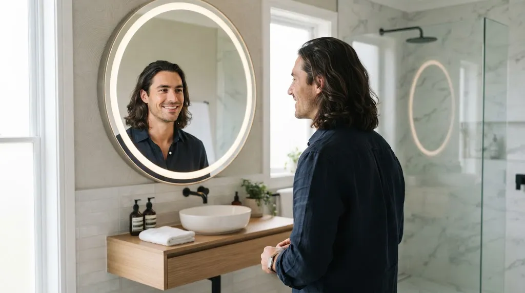 A man with long stylish hair and a clean-shaven face showcasing a sharp professional look in a modern setting