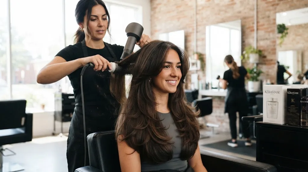 A professional stylist demonstrating a layered step cut on long, thick hair in a modern salon environment.