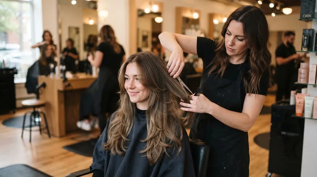 Professional hairstylist demonstrating where long hair layers should start below the chin to slim a fuller face