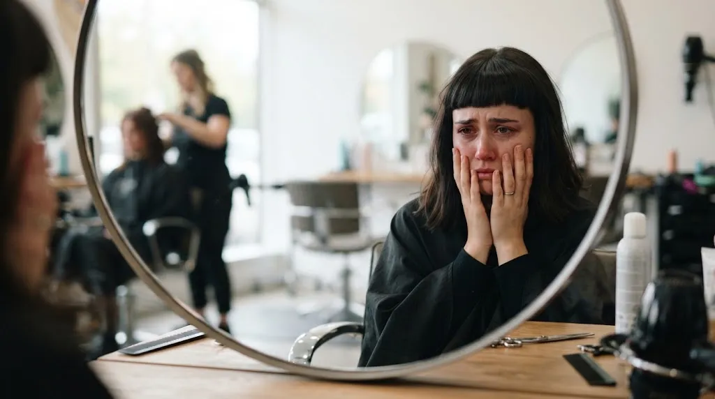 A person looking regretful in a mirror after getting heavy, blunt bangs that do not flatter their face shape.