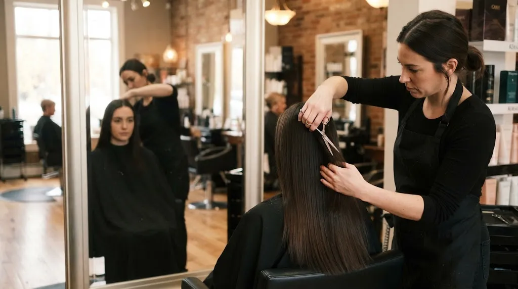Professional hair stylist carefully trimming and checking symmetry of long U-cut layers to prevent choppy ends