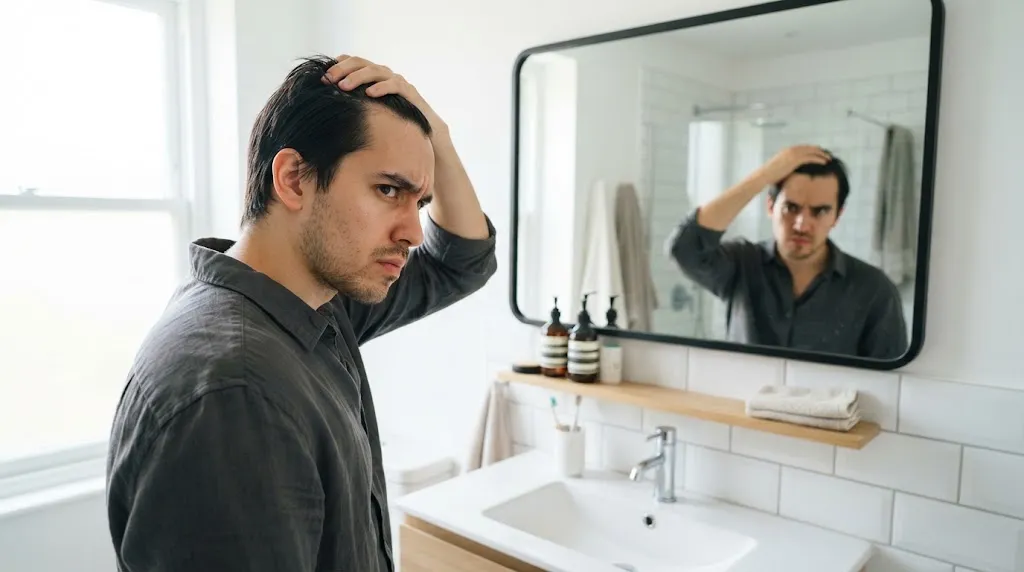 Man looking at his flat and oily straight hair in the mirror trying to fix volume issues