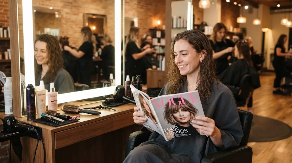A person looking in a mirror at a hair salon comparing a hairstyle photo to their own hair texture