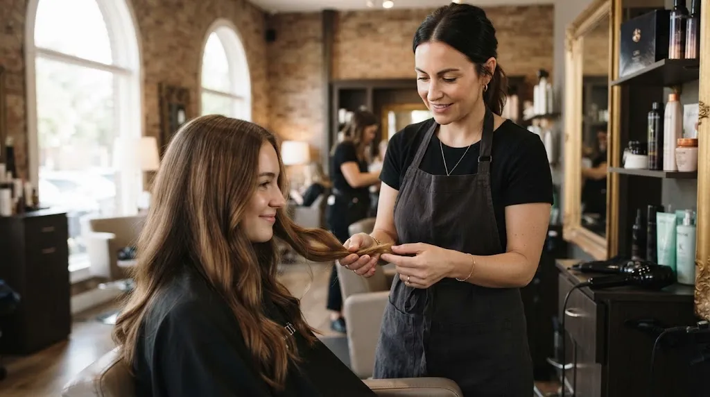 Professional hairstylist gently inspecting the healthy ends of long hair in a salon during a micro-trim consultation.