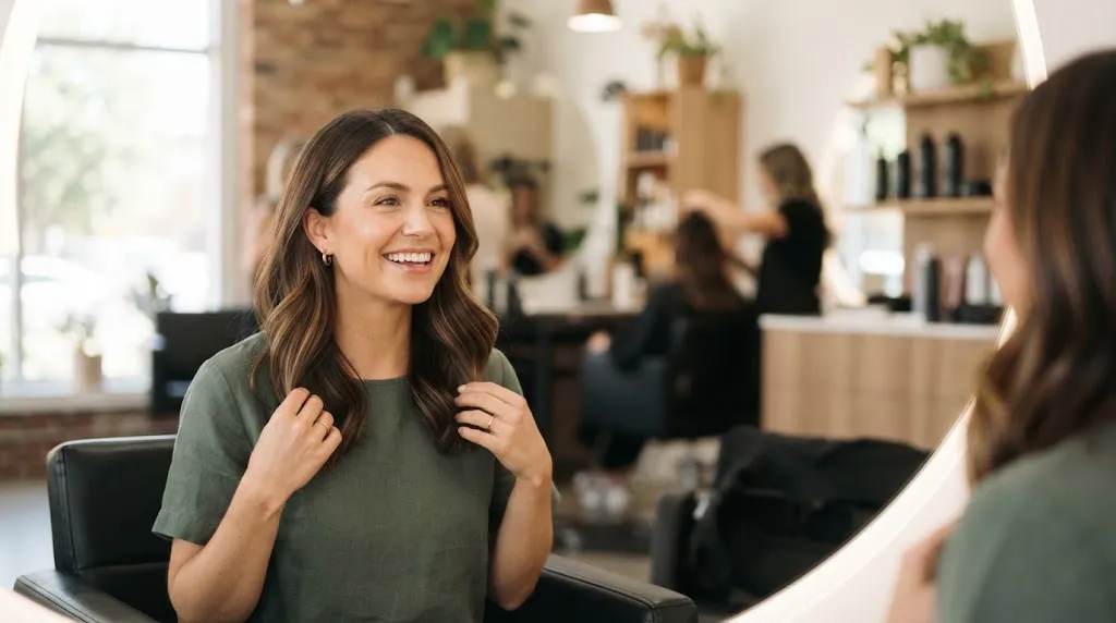 A smiling woman looking at her reflection in a modern salon mirror, admiring her fresh, beautiful haircut.