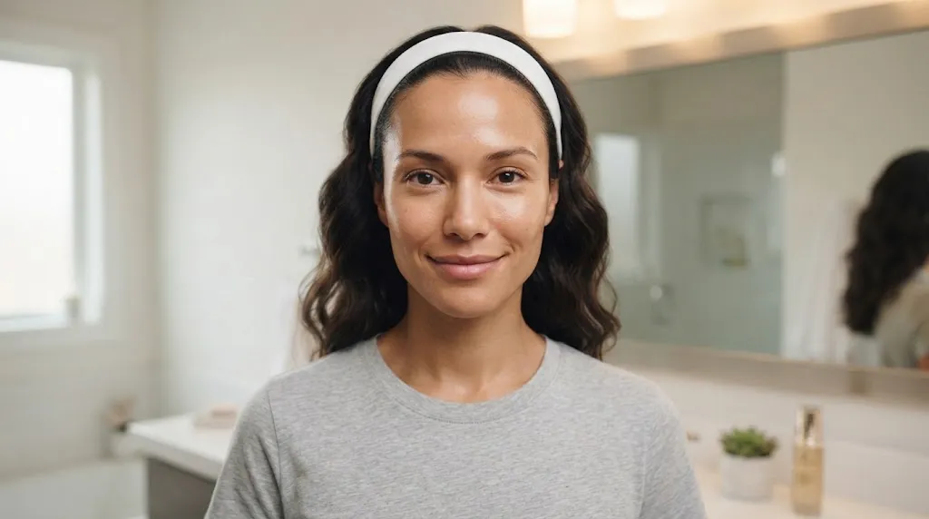 Front-facing view of a woman with dark hair pulled back by a white headband, looking directly at the camera in a bright bathroom mirror to determine her face shape.