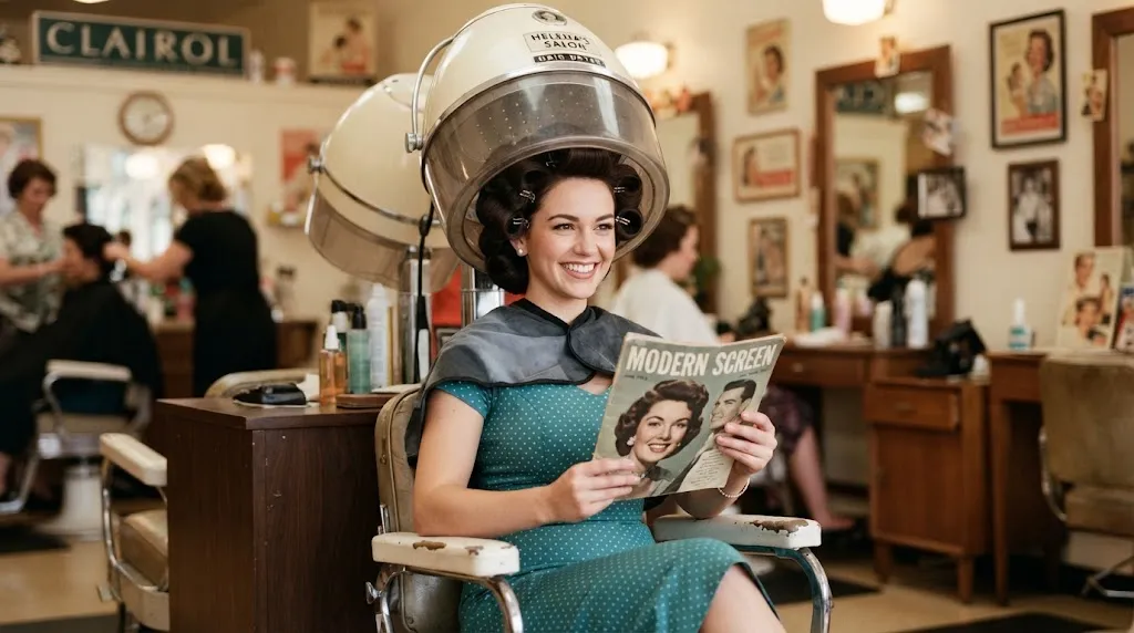 A woman with long, voluminous vintage curls sitting in a salon chair to prevent curls from falling flat
