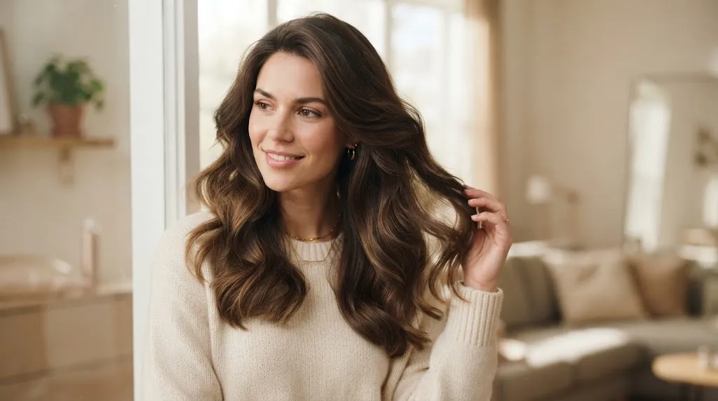 A beautiful woman with voluminous, professionally styled brunette hair smiling confidently in a sunlit living room, demonstrating a hairstyle that holds its shape all day.