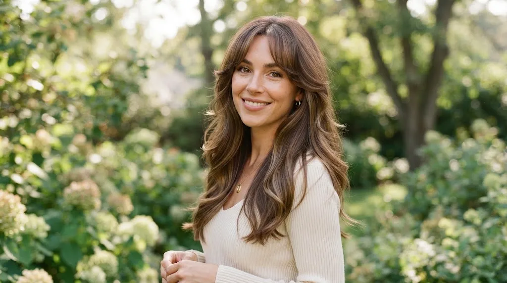 A woman with a balanced oval face shape showcasing long cascading layered hair and soft curtain bangs for summer