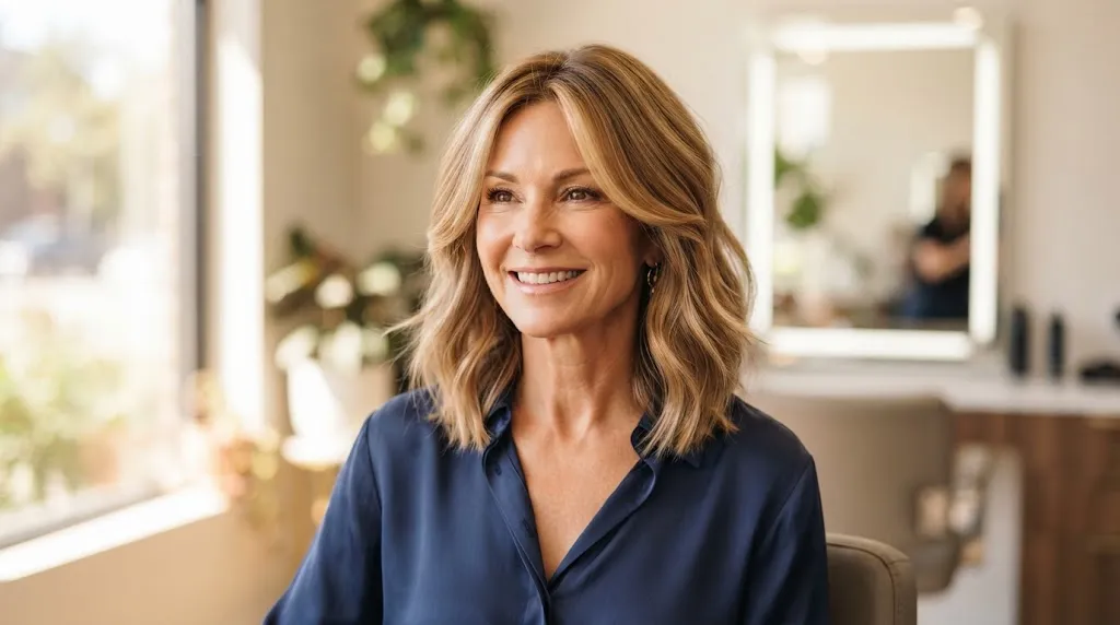A smiling woman in her late 40s with a radiant expression, showcasing a modern, voluminous, collarbone-length lob (long bob) with soft face-framing layers and honey-blonde highlights, styled in a bright salon environment.