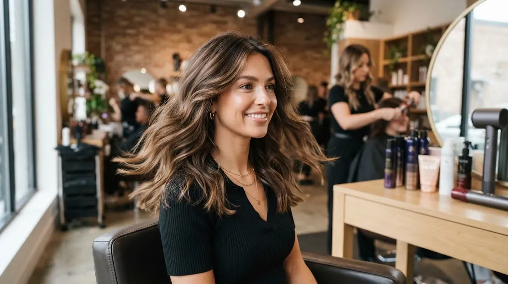 A stylish woman showcasing modern layered haircut style with natural movement and soft texture for 2026