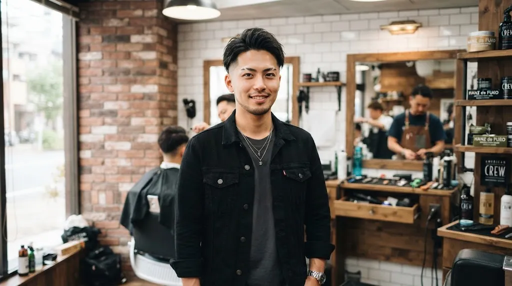 A stylish Asian man in a professional barbershop consulting with his barber using the script formula to explain his ideal haircut style.
