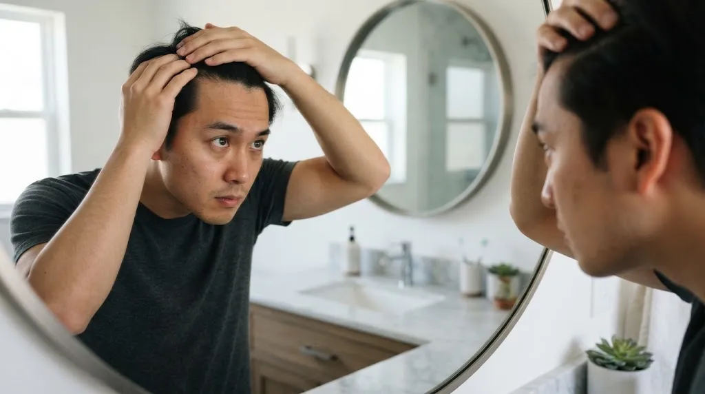An Asian man pulling his hair back in front of a mirror to determine his face shape for a haircut.