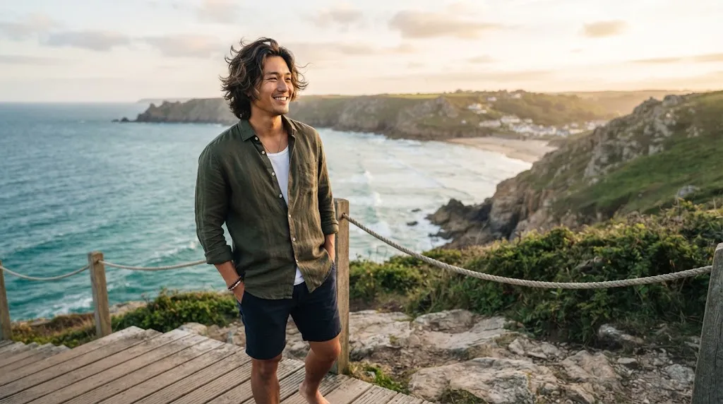 Stylish Asian man showcasing a medium-length surfer cut hairstyle with natural wavy layers and texture against a scenic outdoor coastal background.