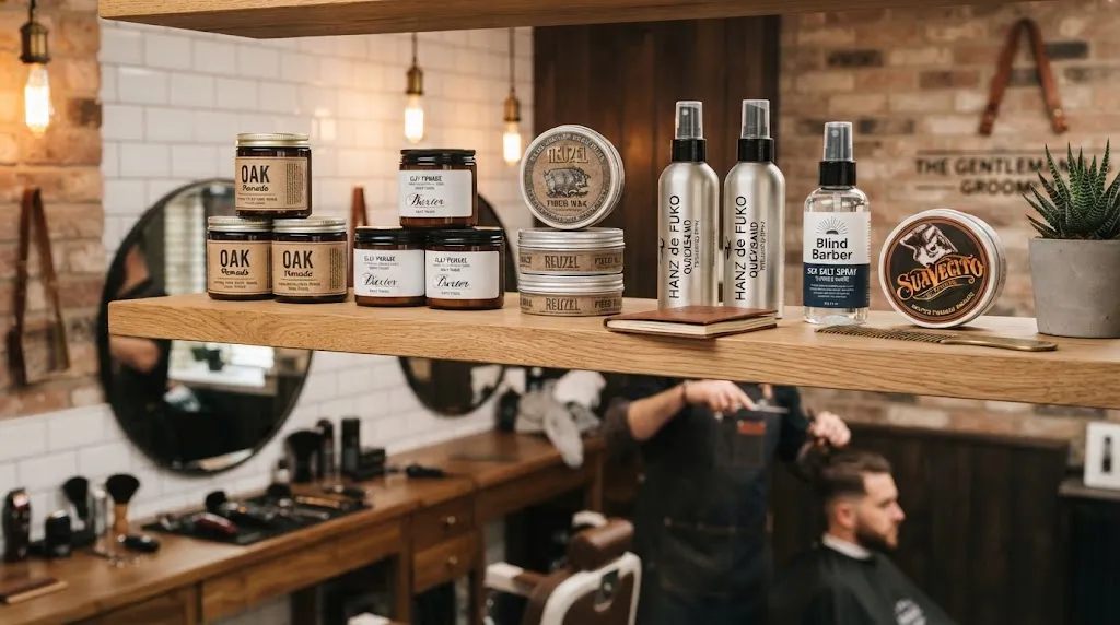 Professional styling products including pomade, clay, wax, and sea salt spray for Asian men's hairstyles displayed on a clean wooden shelf in a modern barbershop.