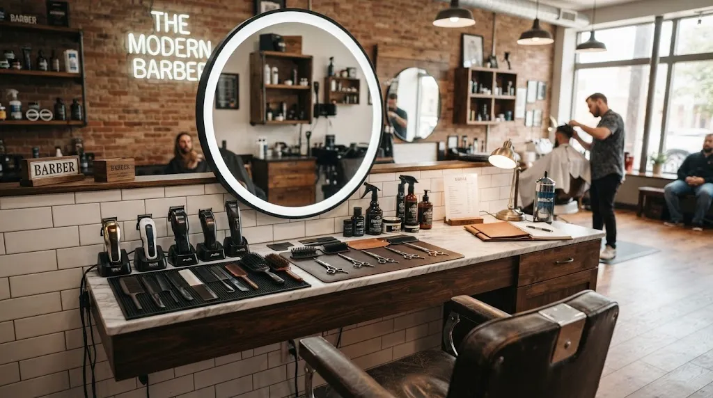 Professional barbershop styling station with grooming tools set up for men's haircut maintenance and trim scheduling